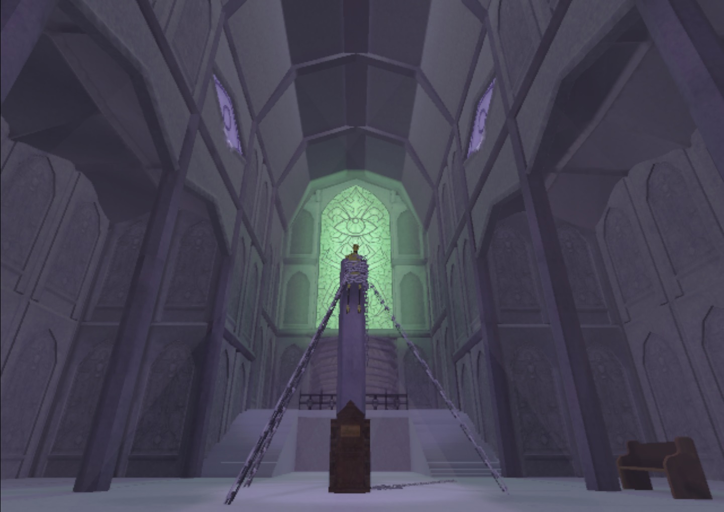 A figure is chained in place in a cathedral-like space